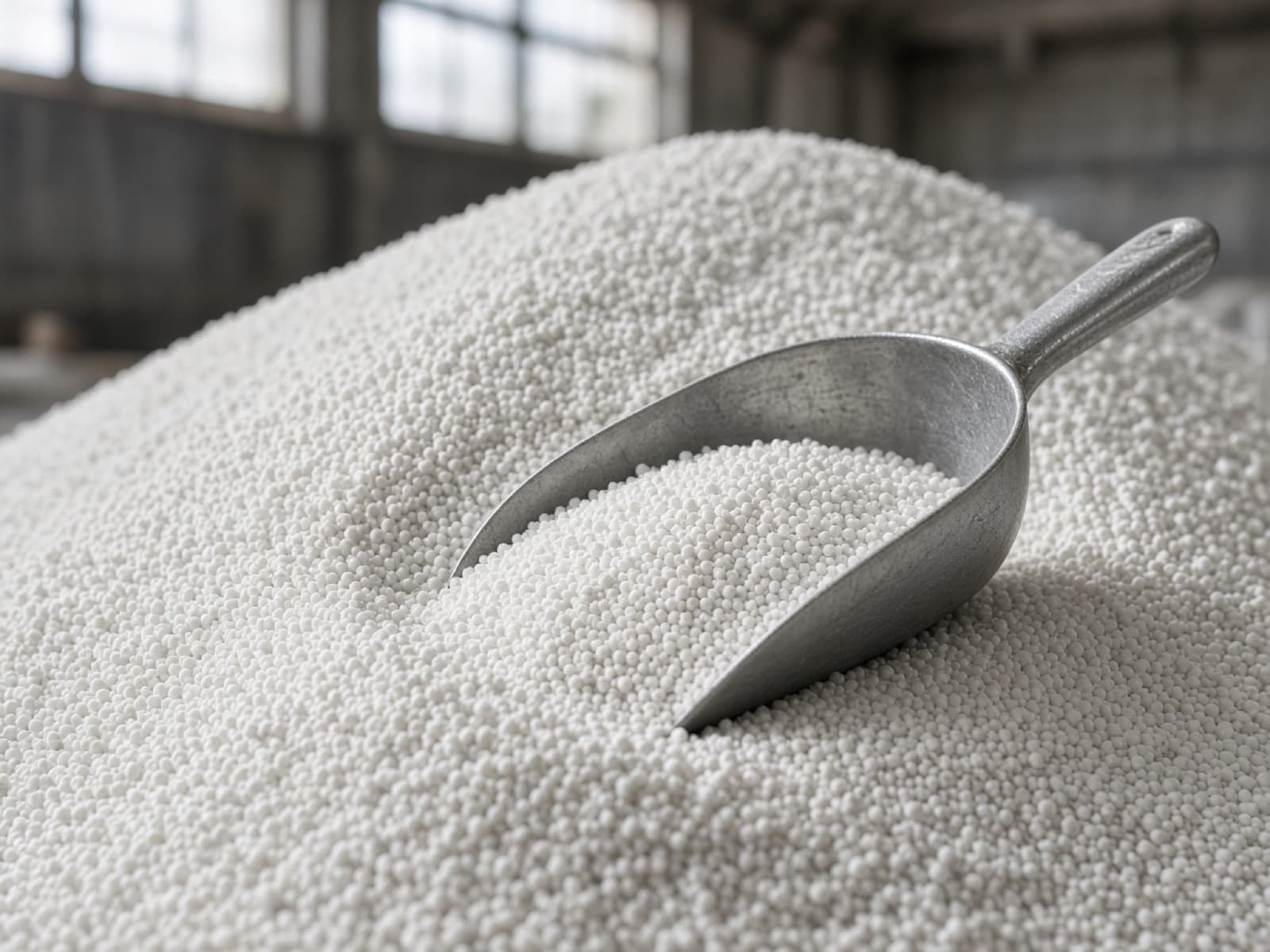 Pile of white prilled urea with a steel scoop