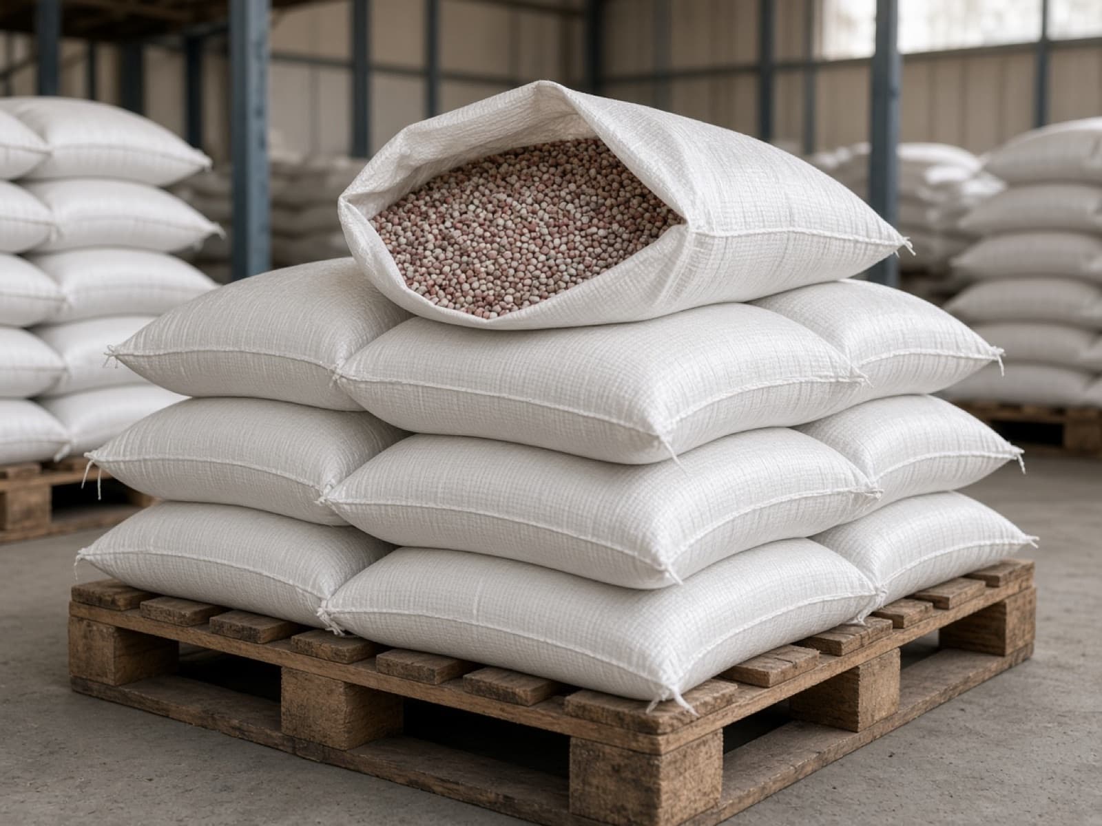 Stacked fertilizer bags on pallets with an open bag of compound NPK granules
