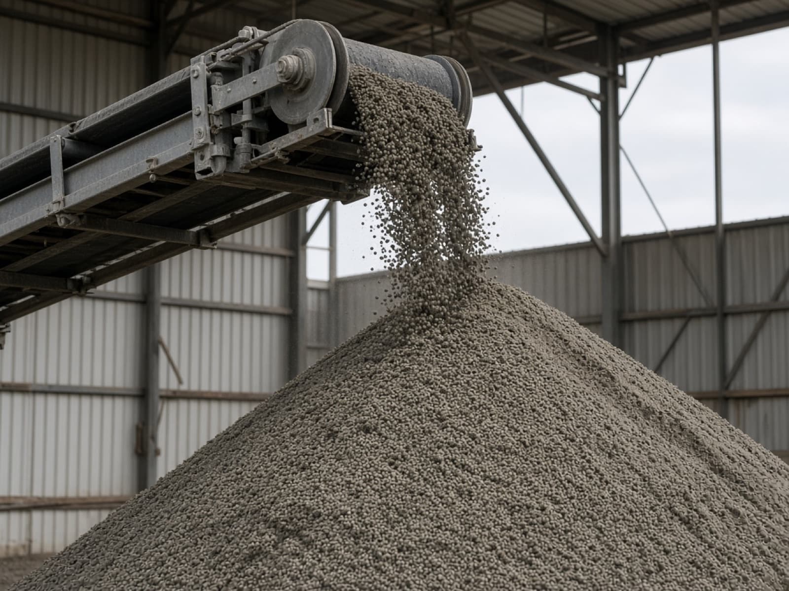 Granular phosphate fertilizer pouring from a conveyor onto a storage pile