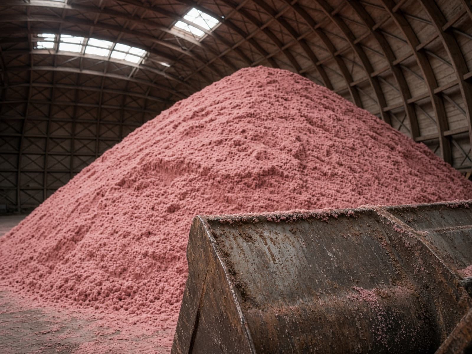 Red granular potash stockpile inside a storage dome