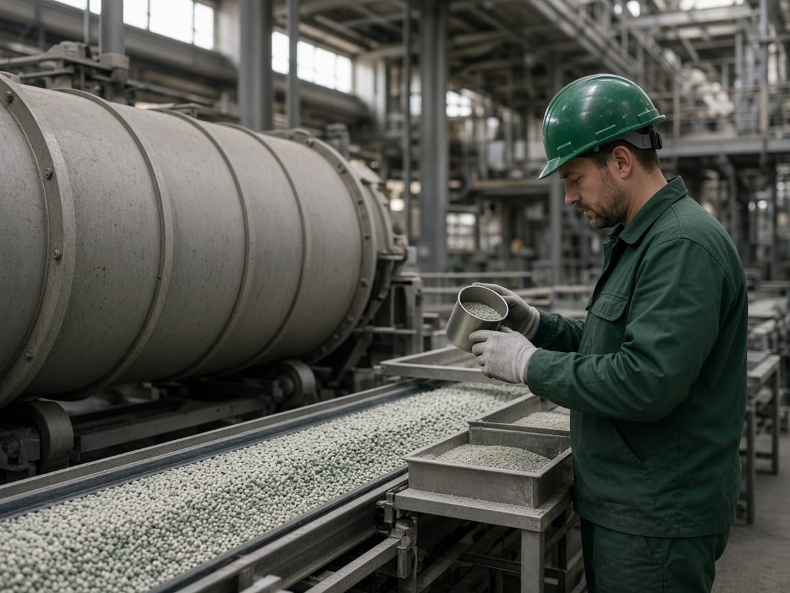 Technician checking a sample of granules beside a granulation line