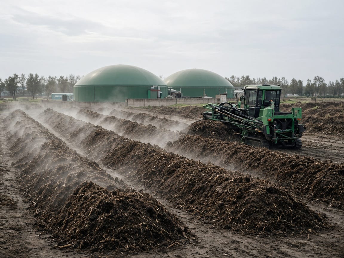 Compost windrows at a nutrient recycling site with biogas digesters behind