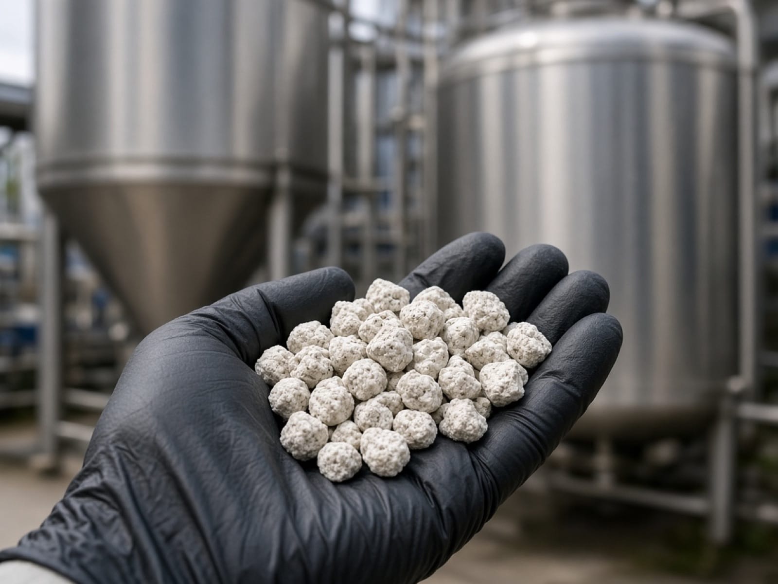 Gloved hand holding recovered struvite pellets at a nutrient recovery plant