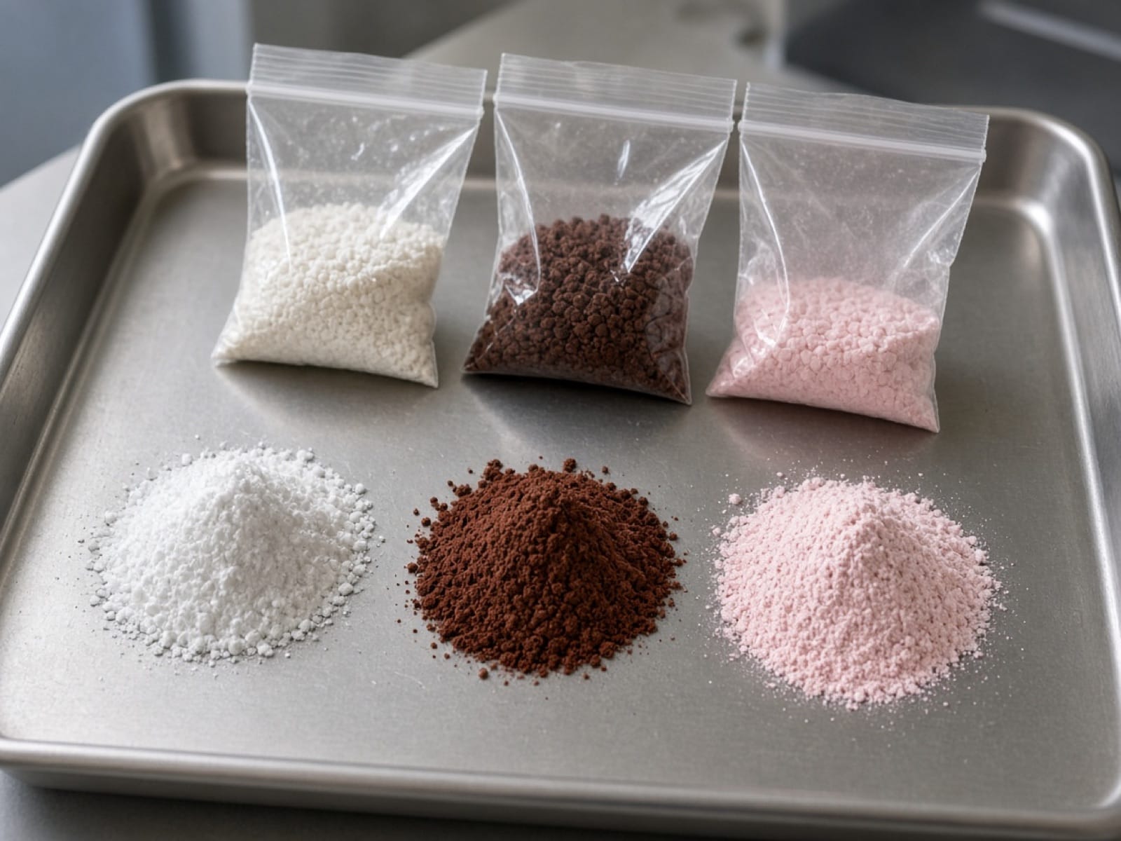 Micronutrient powders and sample bags on a quality-control tray