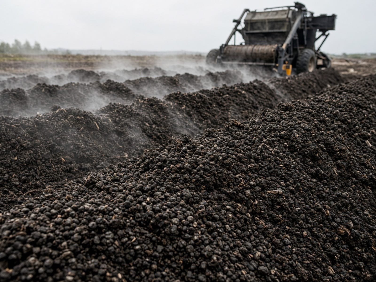 Compost windrows with a turner at a composting facility