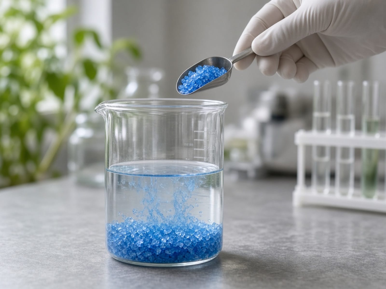 Water-soluble fertilizer crystals dissolving in a laboratory beaker
