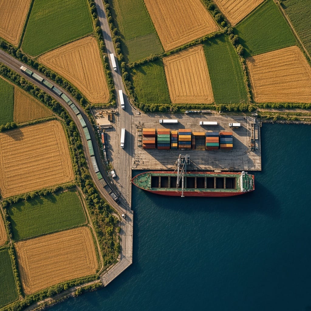 Aerial view of a farm harbor where trucks and a freight train bring goods past container stacks to a cargo ship being loaded at the quay