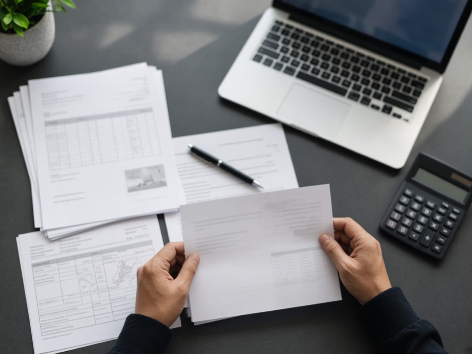 Trade finance documents, laptop and calculator on a desk