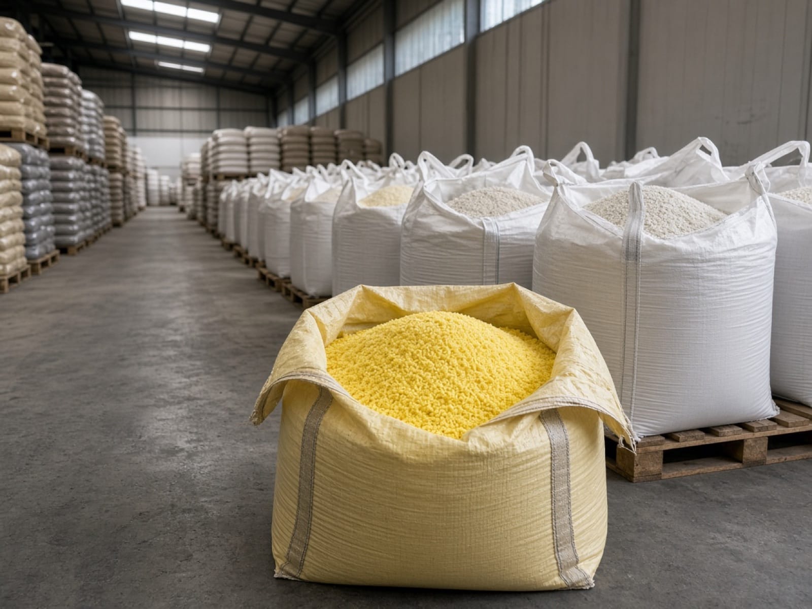 Warehouse aisle of big bags with granulated sulfur in the foreground