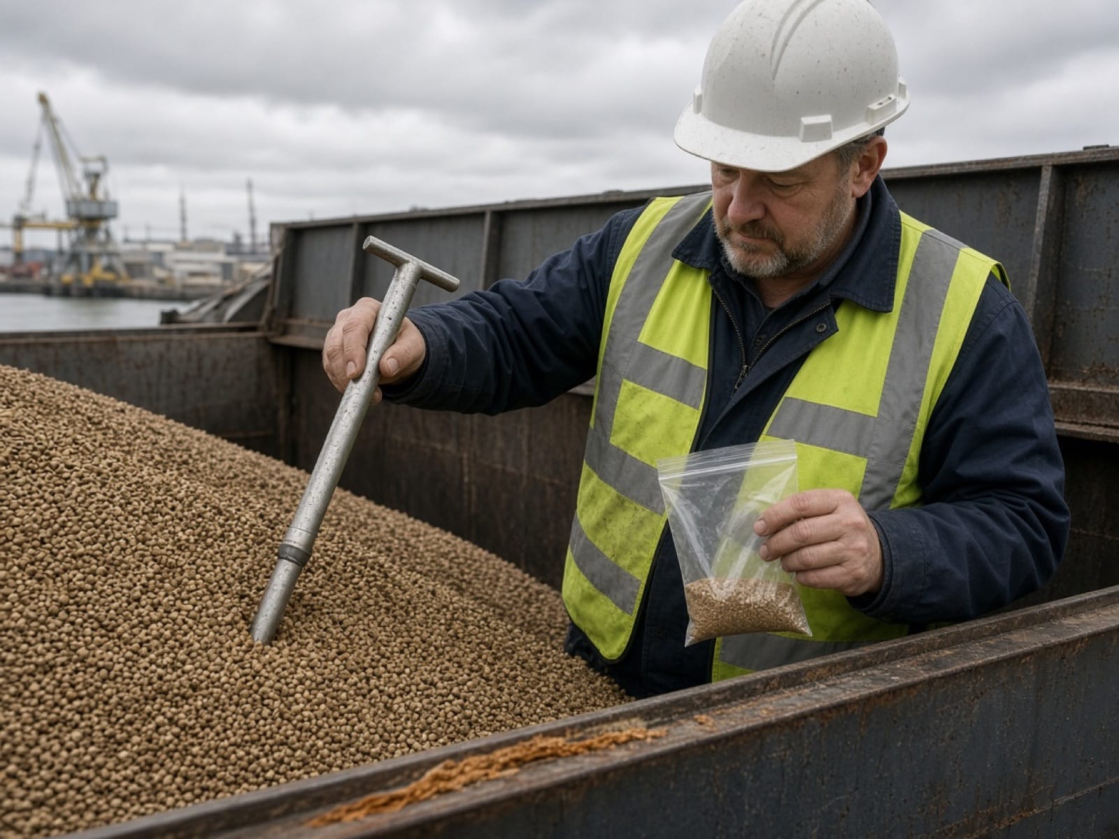Cargo surveyor sampling granular fertilizer from a ship's hold