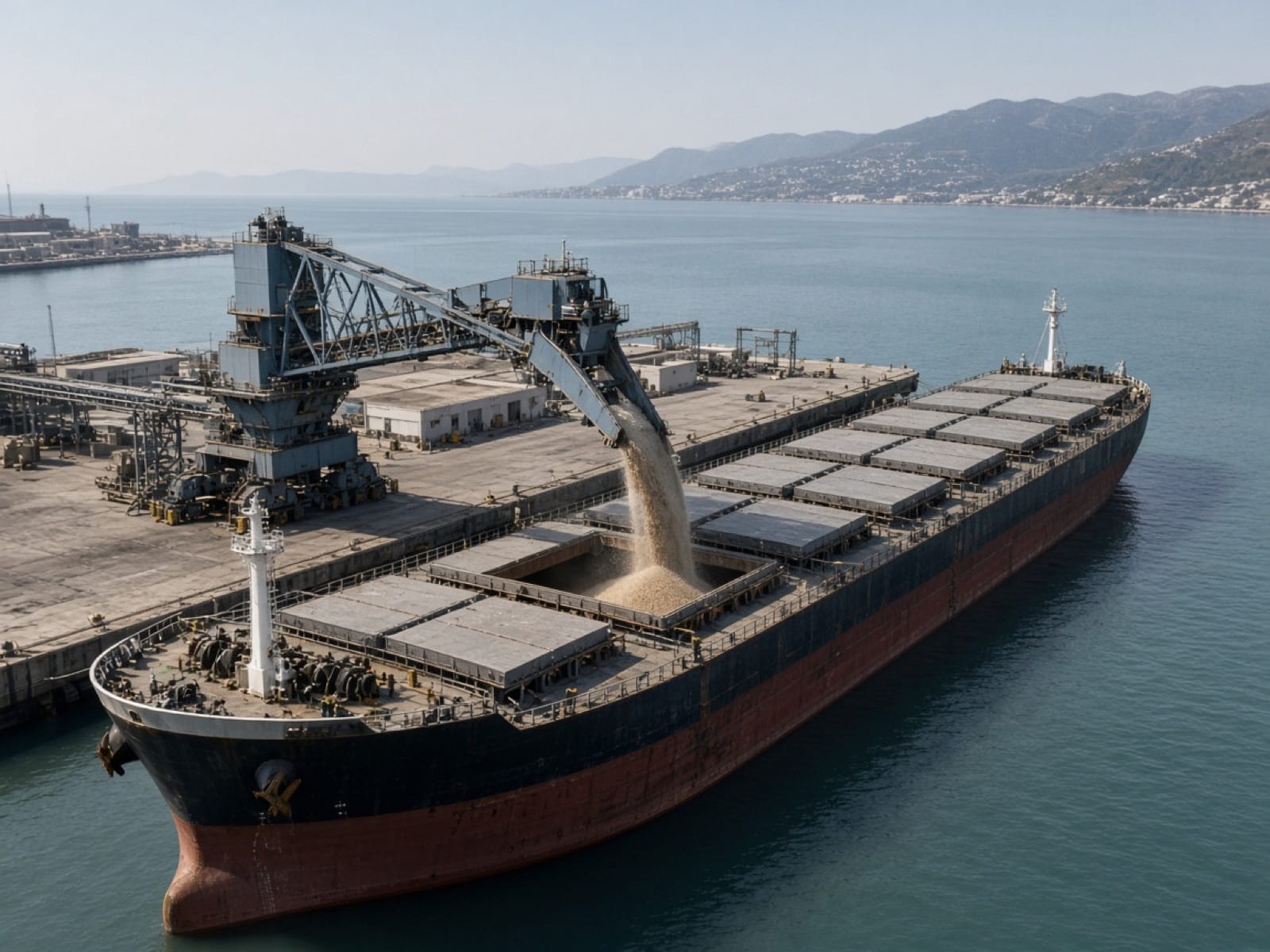 Bulk carrier loading granular fertilizer at a port terminal
