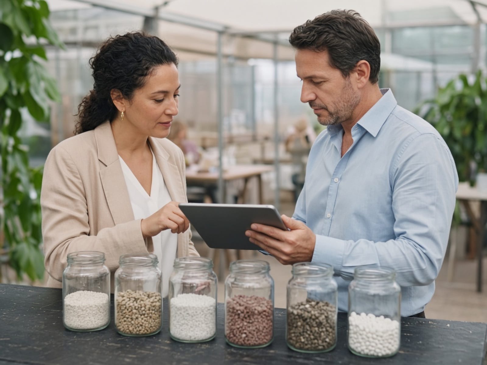 Two traders reviewing product specifications at a trade fair booth