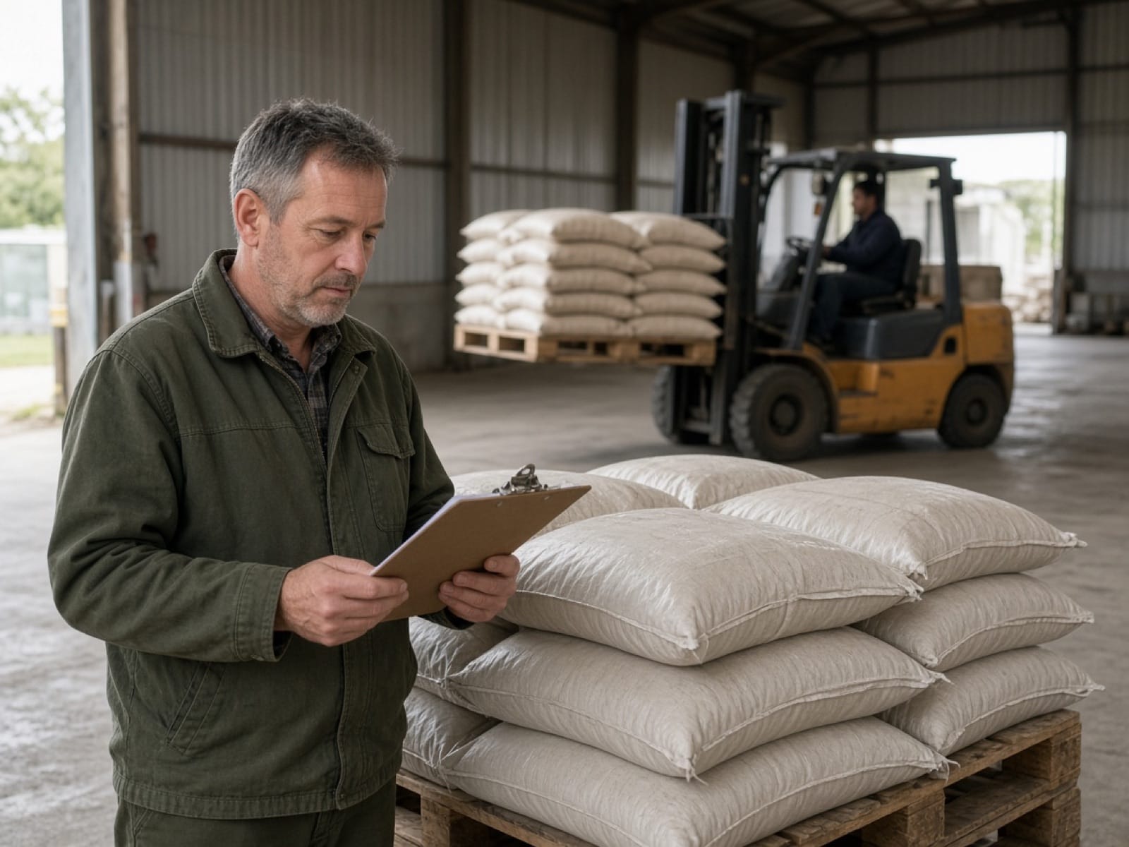 Procurement manager checking a fertilizer delivery against a clipboard