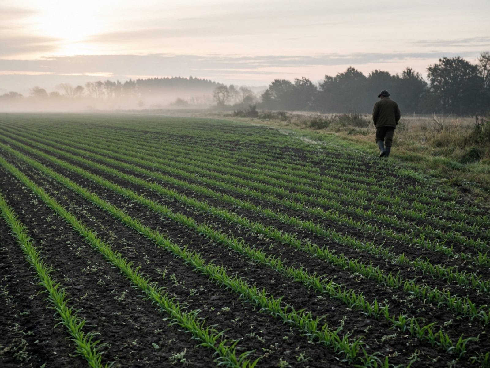 Cover crop rows on a farm field in early morning light